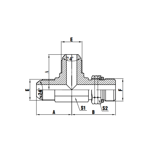 Té mâle JIC à cône 74°/joint torique SAE Boss Run